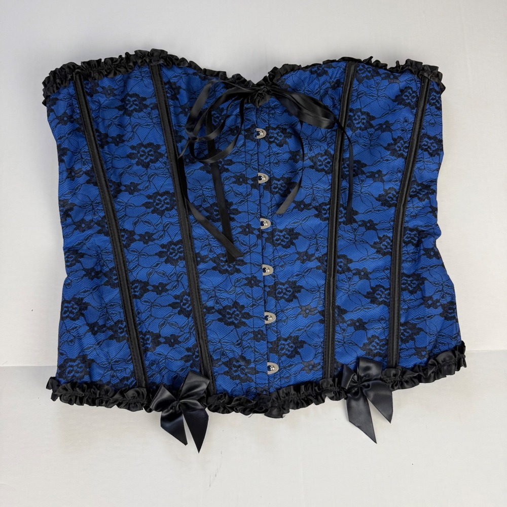 Blue‎ Black Floral Lace Corset Top Plus Size 4XL Ruffle Bustier Lace Up Back
